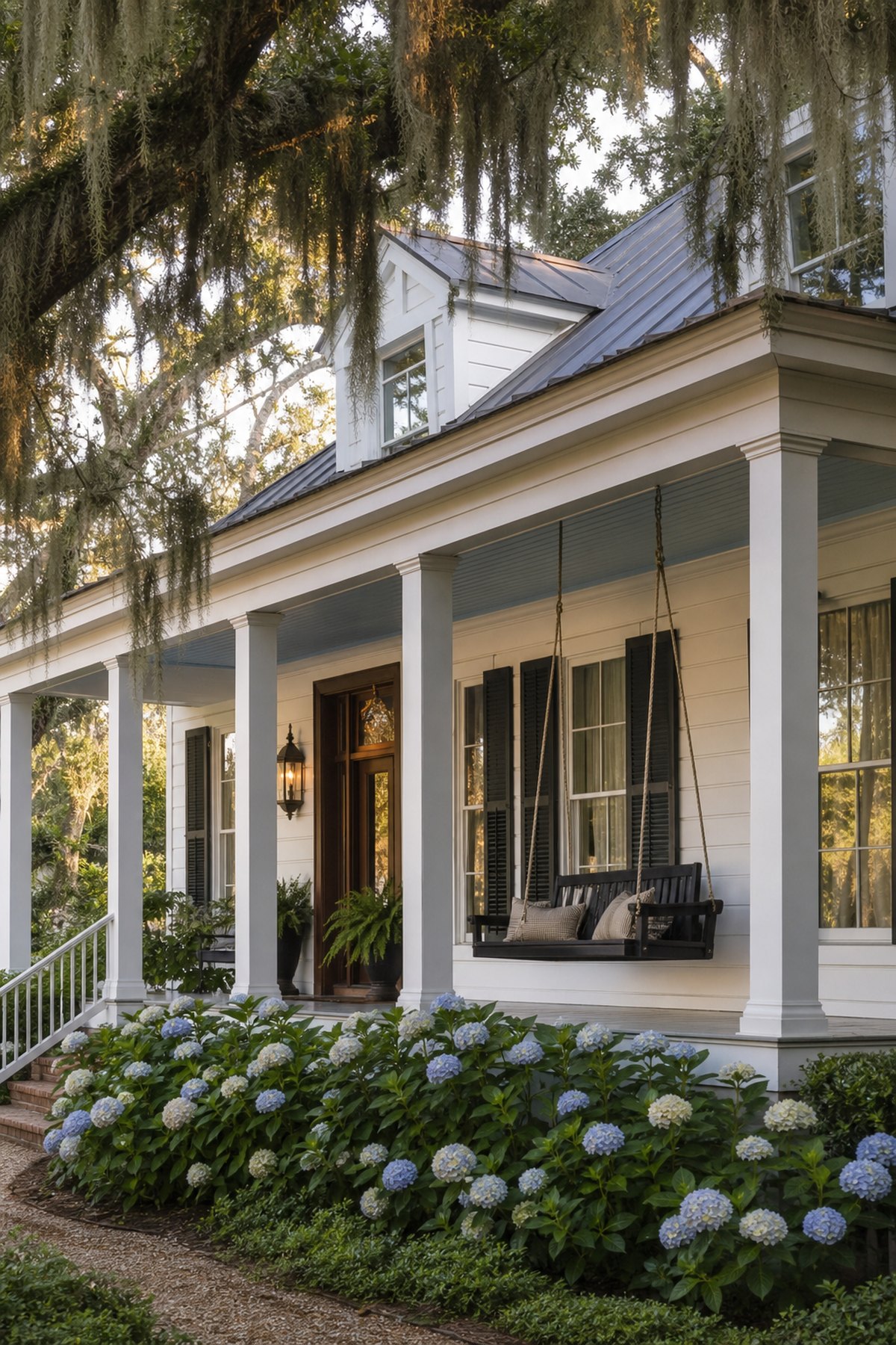 Front porch of a cottage under live oaks near Mobile Bay