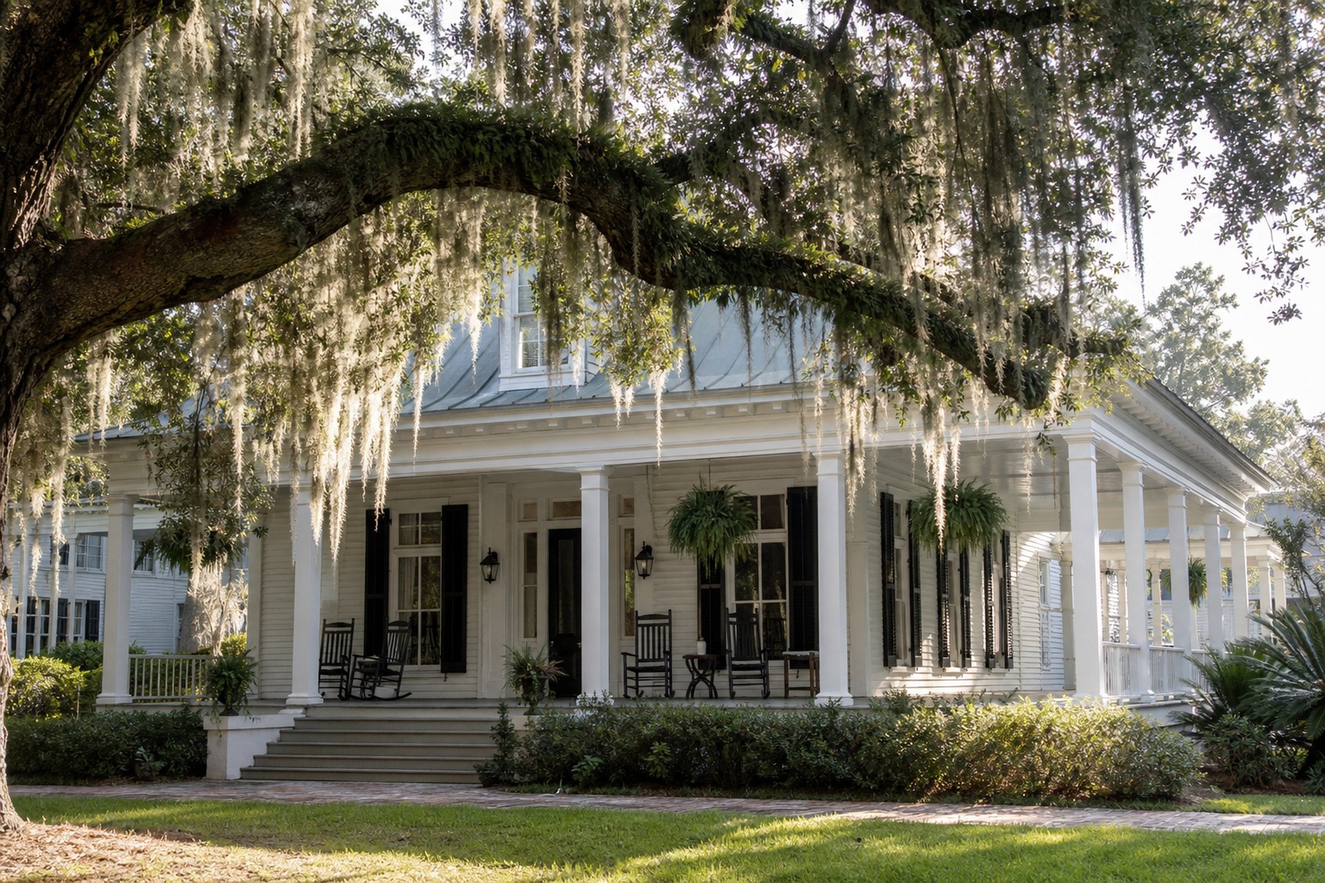 Cottage porch under live oaks near Mobile Bay in Fairhope, Alabama