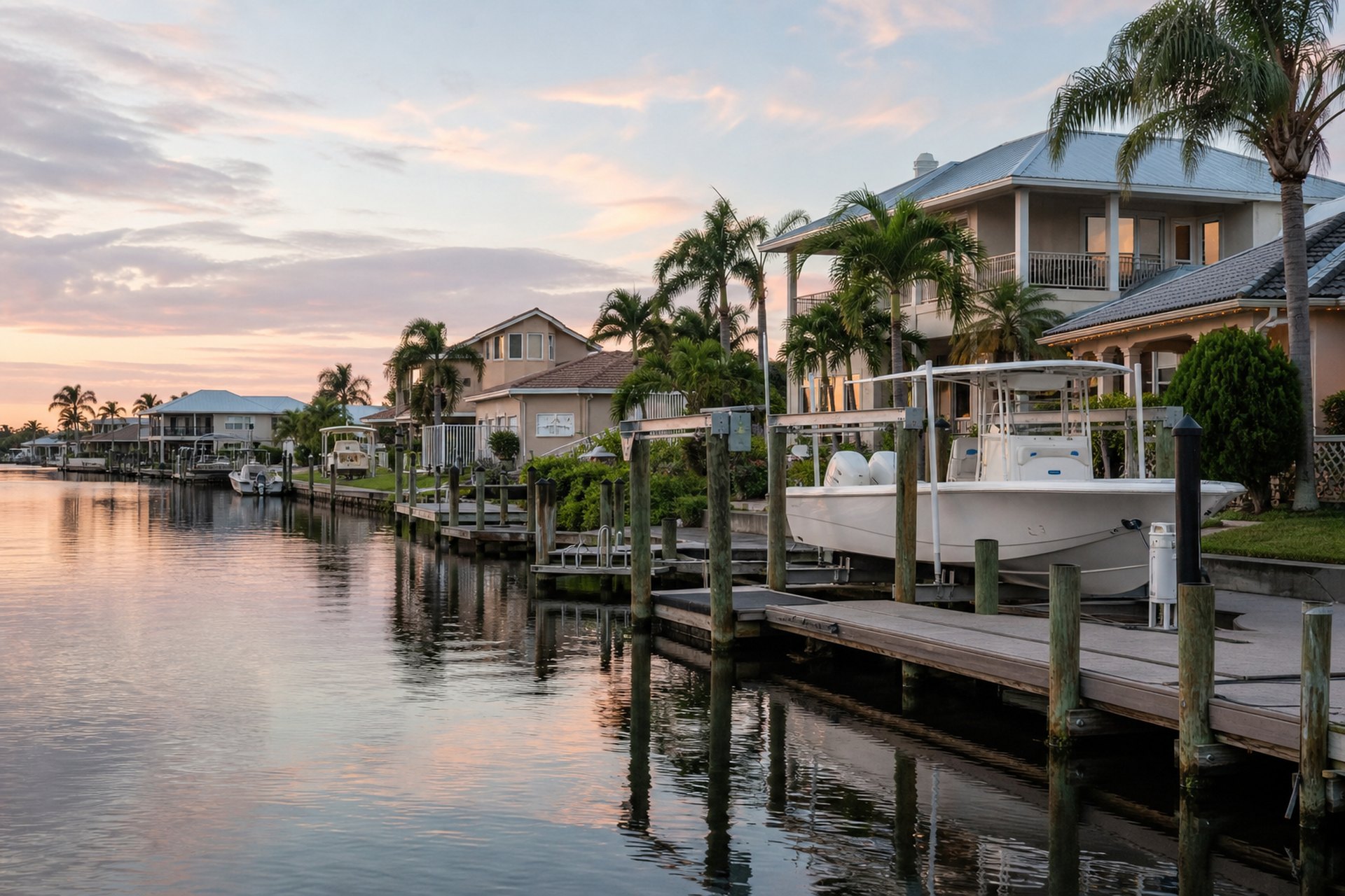 Waterfront homes on a Baldwin County canal at first light