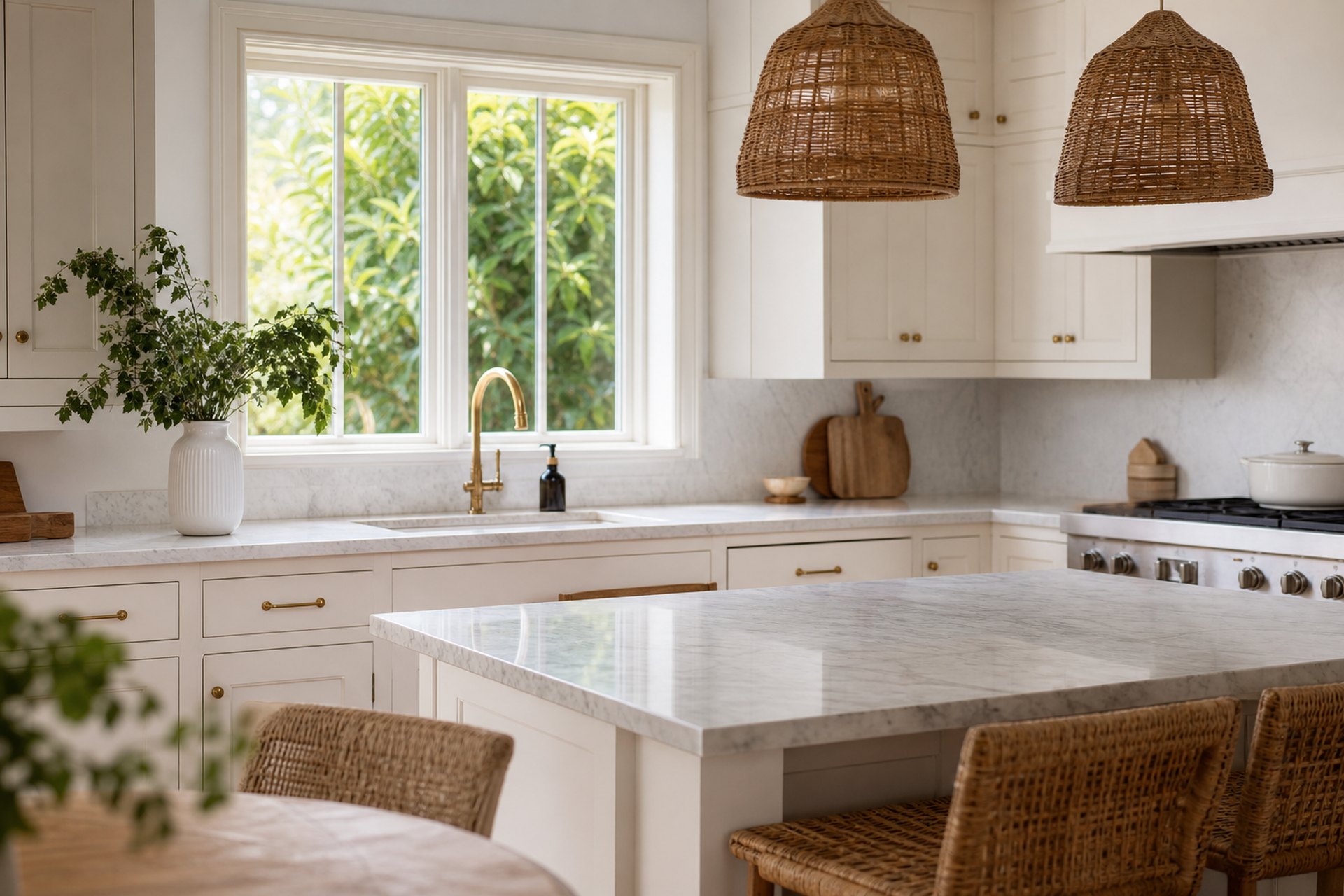 Coastal kitchen with white cabinetry and bay light in a Fairhope home