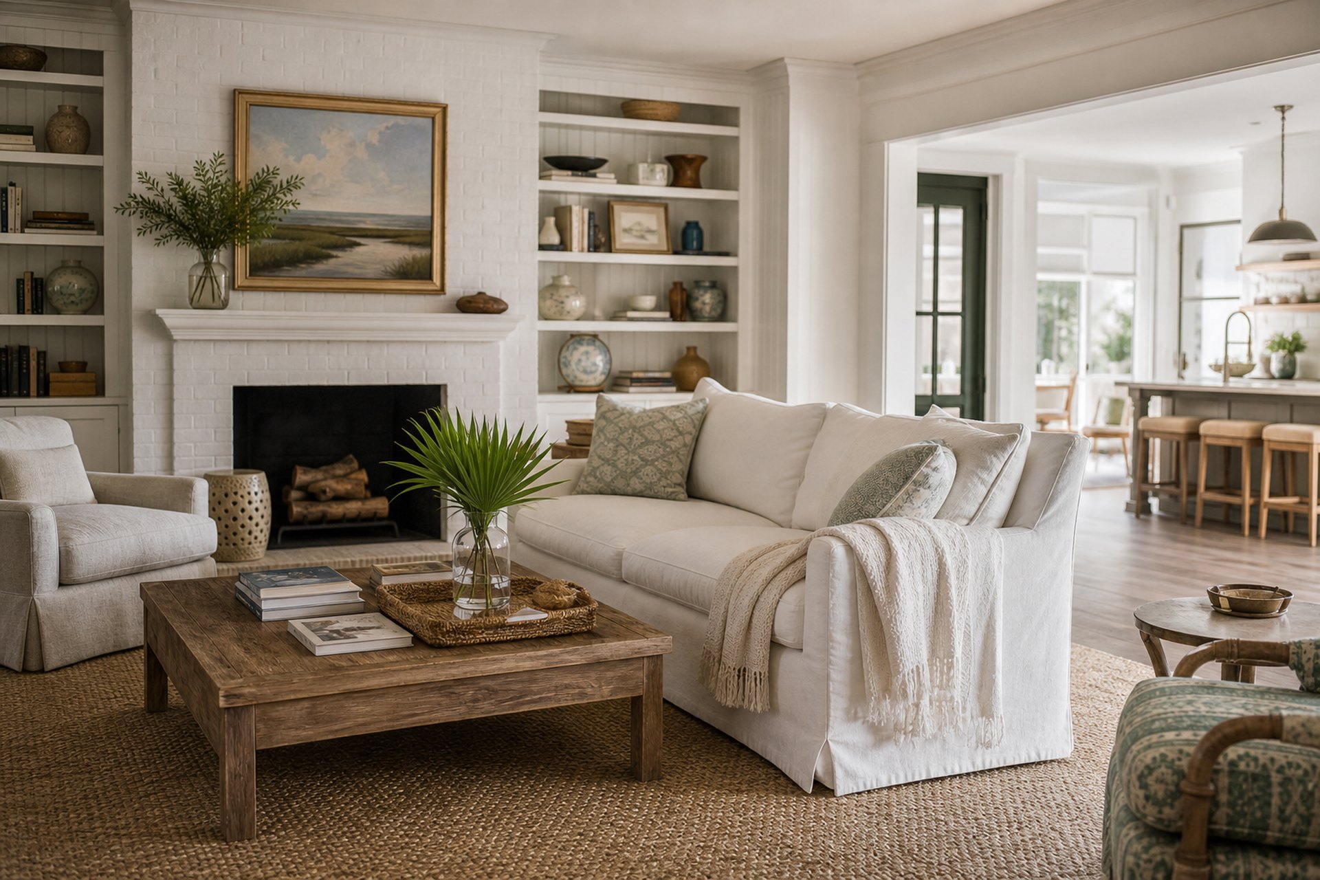 Living room with a fireplace in a coastal Alabama home