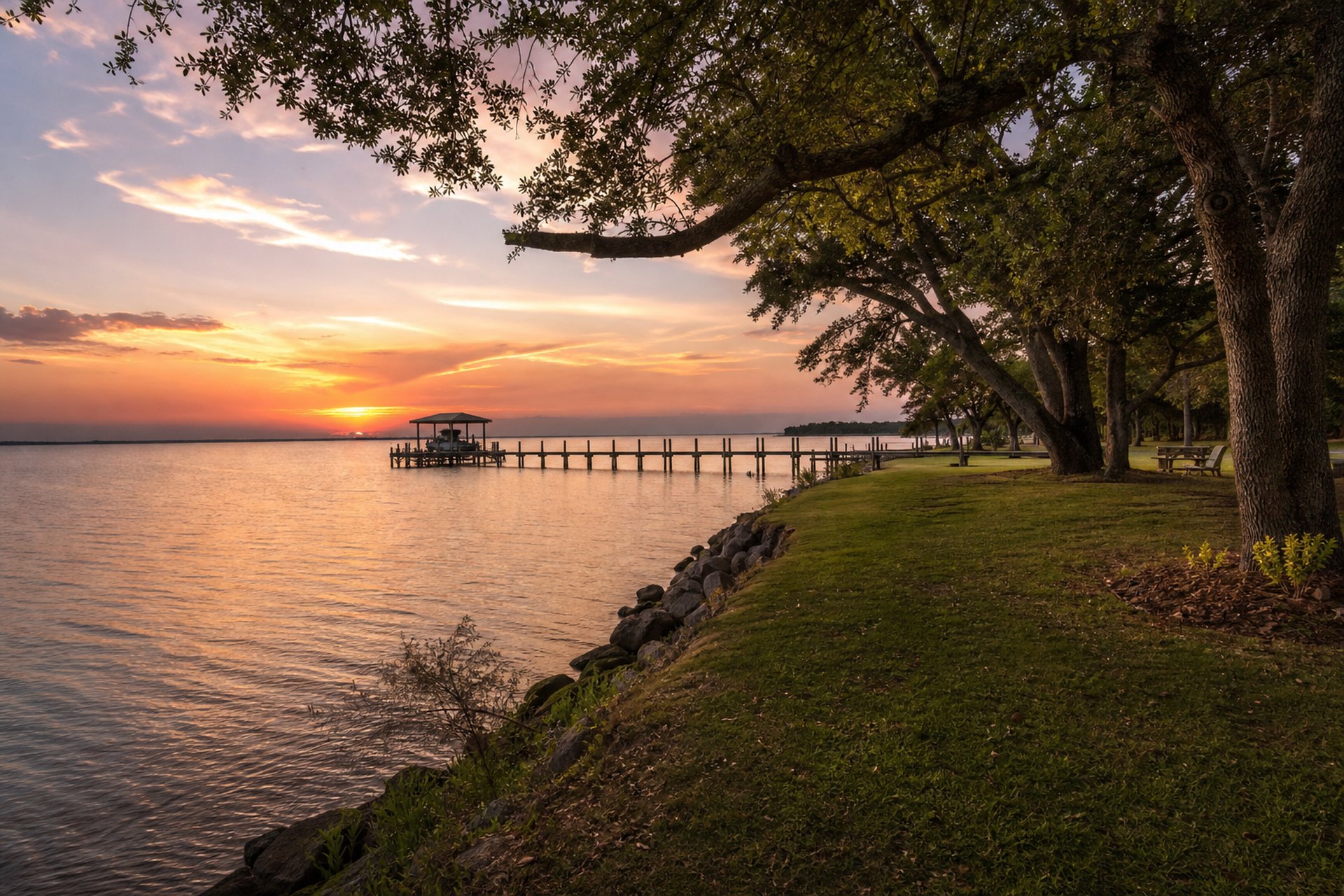 Mobile Bay shoreline and live oaks on the Alabama Eastern Shore at sunset