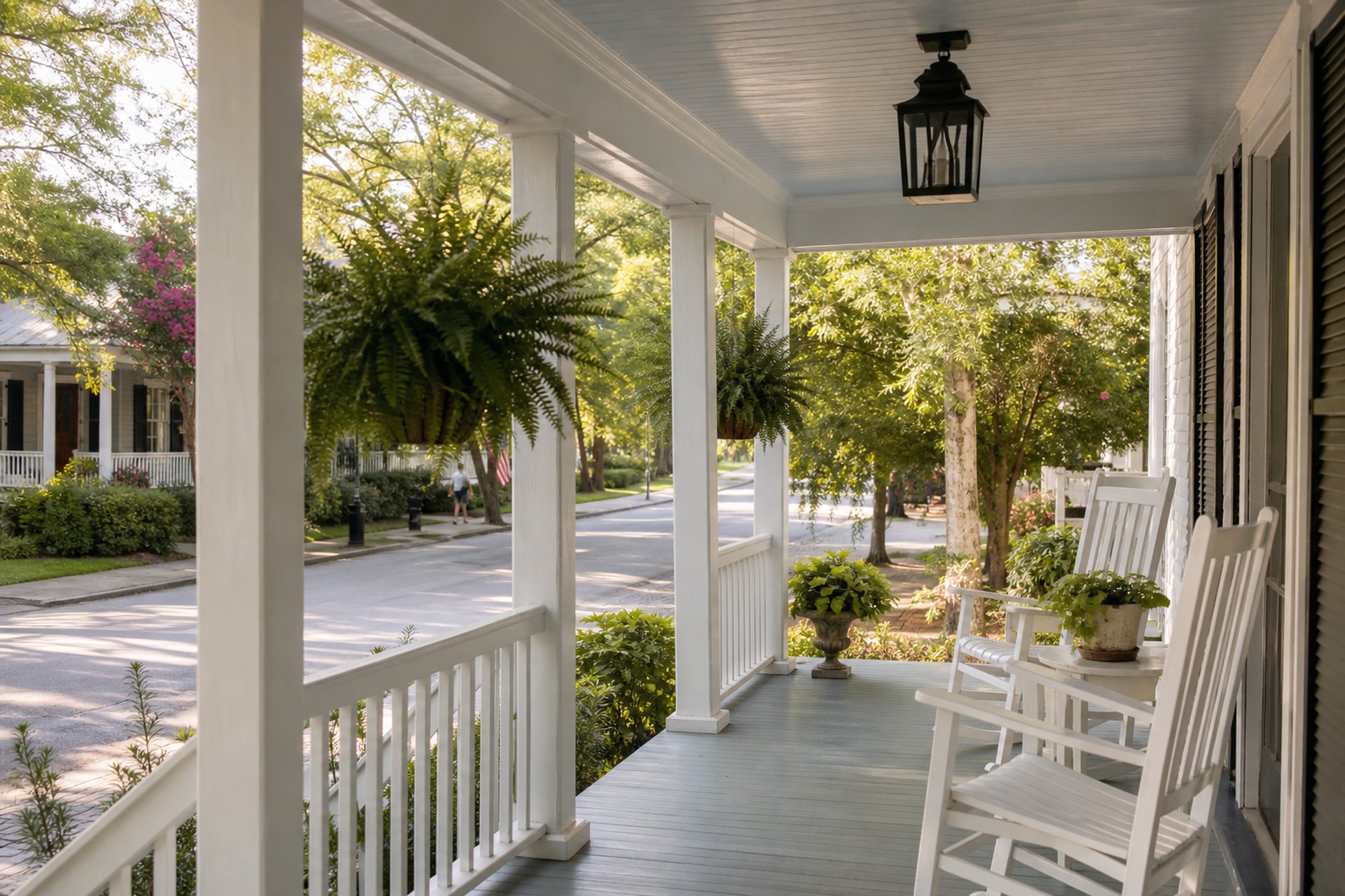Front porch of a Fairhope cottage with rocking chairs